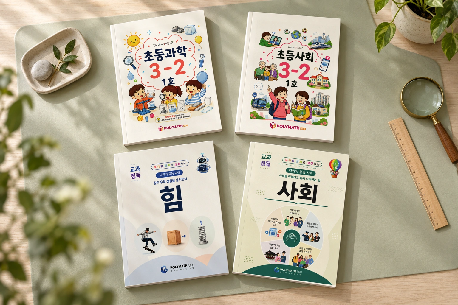 세이지색 매트 위 초등과학·초등사회·중등과학·중등사회 네 권