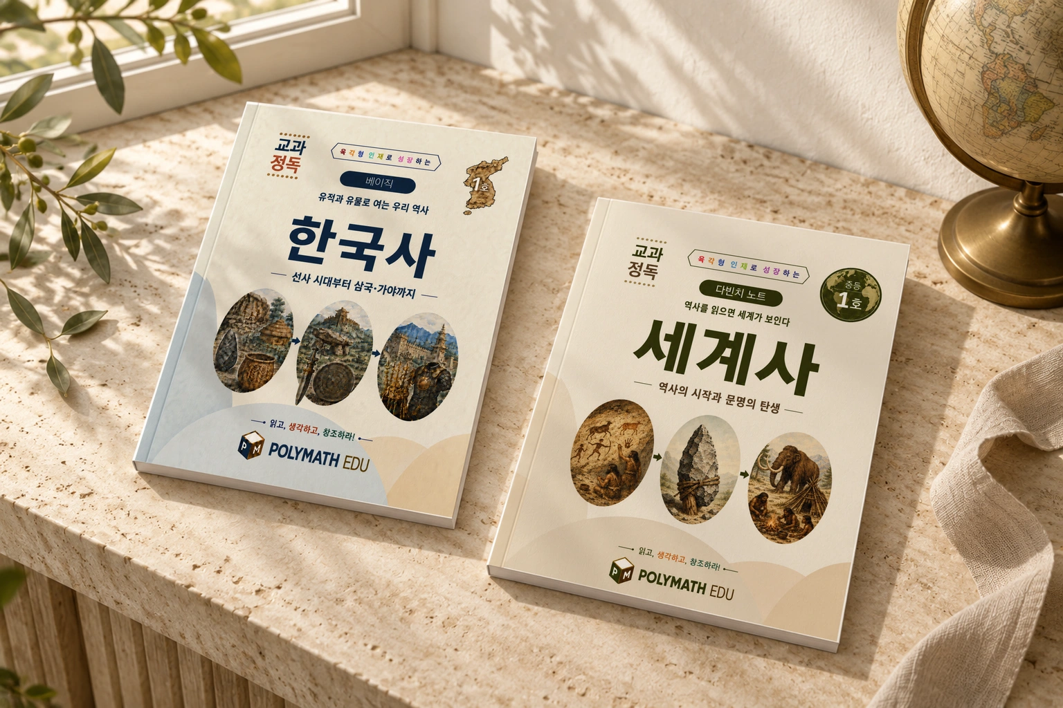 밝은 돌 상판과 지구본 곁에 놓인 한국사·세계사 두 권