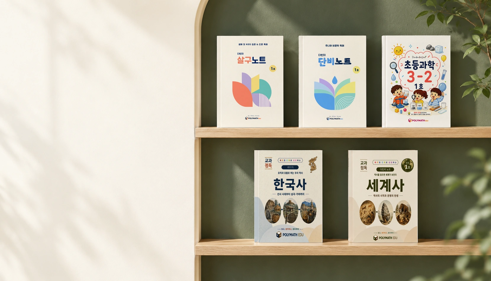 살구노트·단비노트·초등과학·한국사·세계사 다섯 권을 딥그린 서가에 전시한 브랜드 화보. AI 연출 공간에 실제 교재 표지를 합성한 이미지.