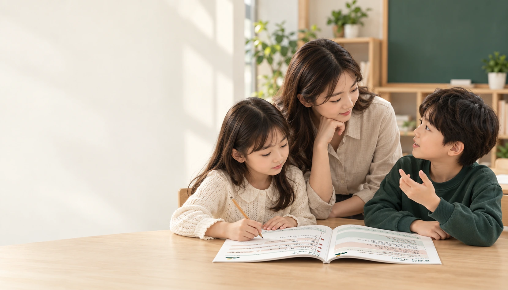 쓰는 학생, 질문하는 학생과 귀 기울이는 교사. AI 연출 장면에 실제 살구노트 본문을 합성한 이미지.